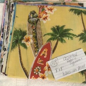 Assorted Hawaiian fabric squares, 8x8” pictures represent what are in the pile
